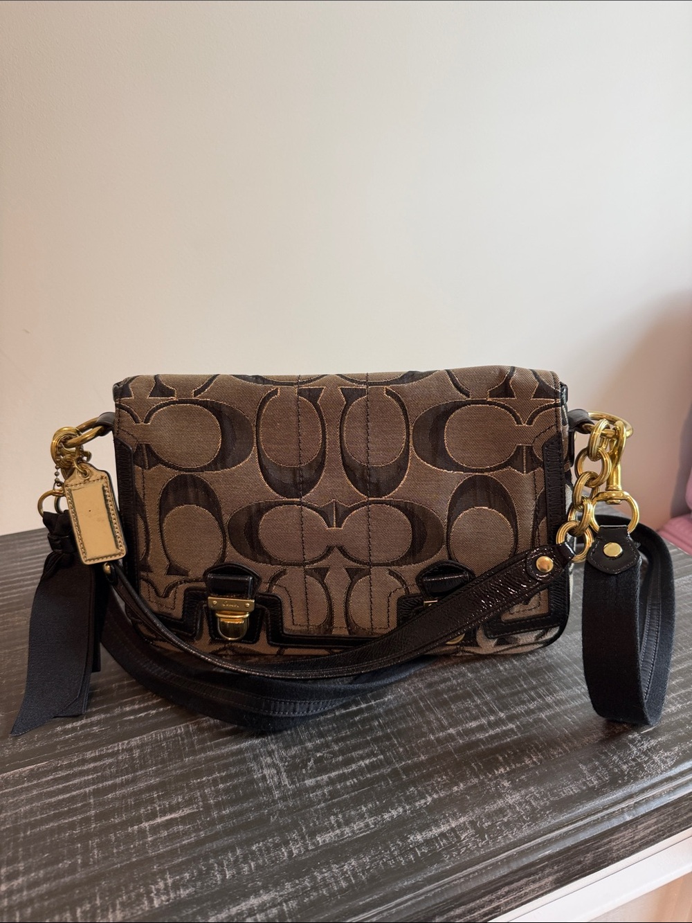 Coach Brown Signature Jacquard Crossbody with Gold Hardware